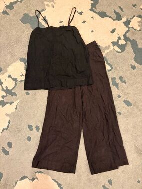 Women's Black Linen Cami and Wide-Leg Pants Set